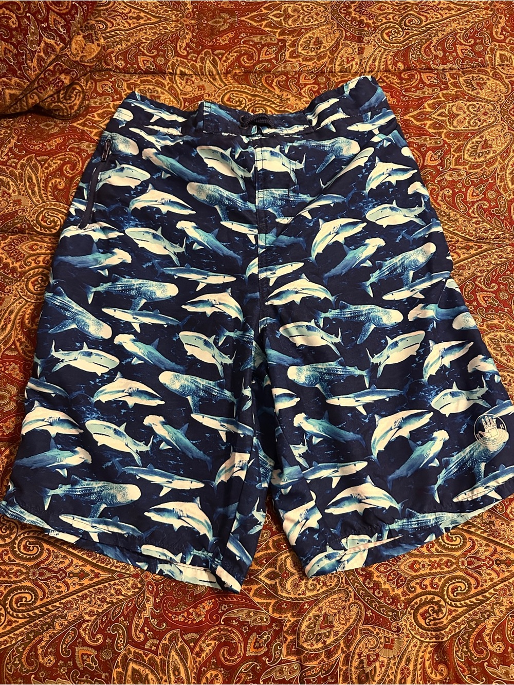 Boys blue Shark-Print Swim Shorts